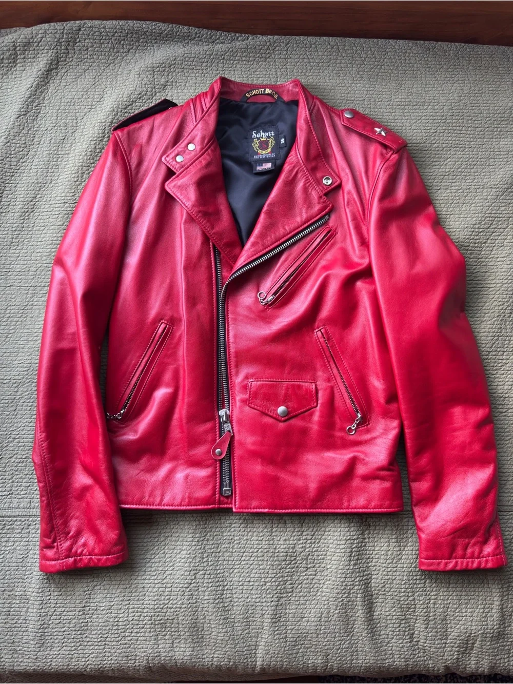 Custom Schott NYC Red Leather Biker Jacket with Asymmetrical Zip - Size 36